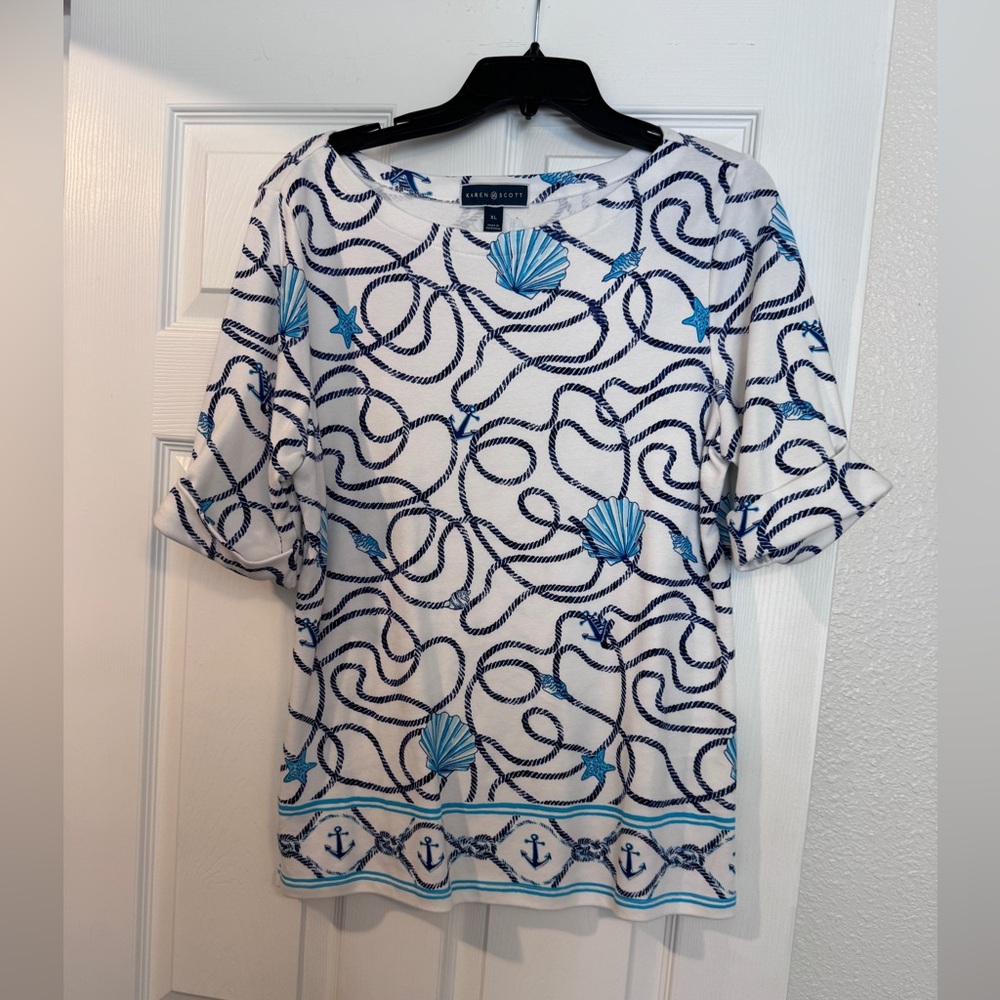 Karen Scott White Nautical Rope & Shell Print Tunic